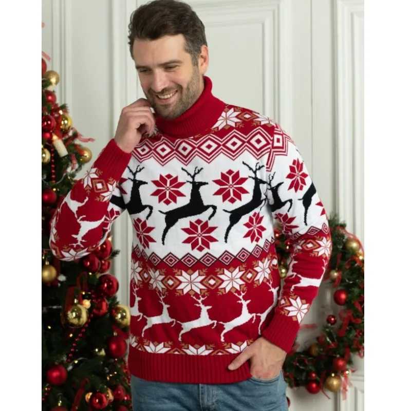 Christmas reindeer turtle neck sweater Christmas knitted long sleeved couple skydiving warm winter sweater W2411111