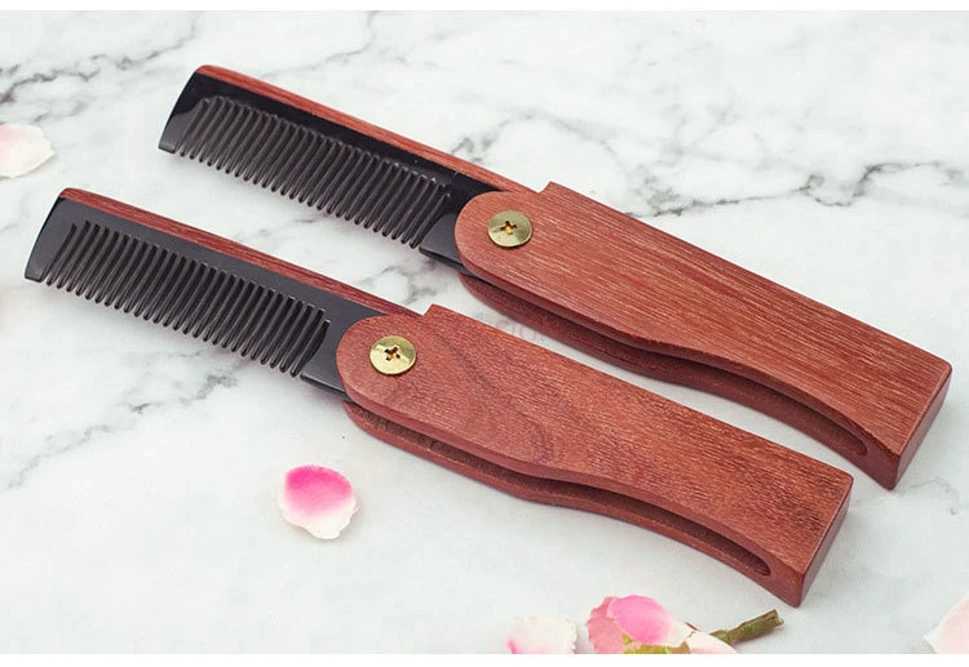 Natural Oxhorn Splicing Green Sandalwood Comb Wood Beard Comb Folding Comb W241112