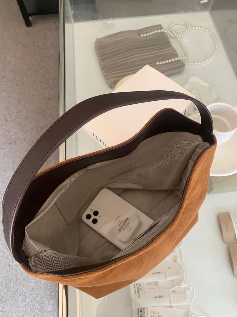 Scrub pu Leather women Axillary bags Brand design ladies handbag female hobos Shoulder bag Faux Suede tote bolsa brown totes