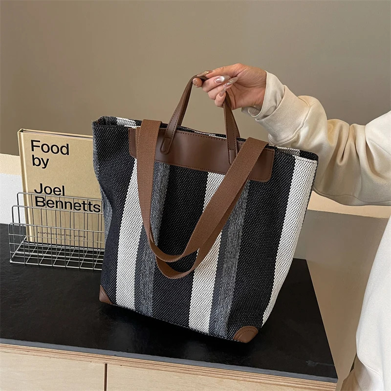 Striped Shoulder Bucket Bags For Women Canvas Fabric Large Capacity Shopping Contrast Color Commute Shopper Handbags 241111