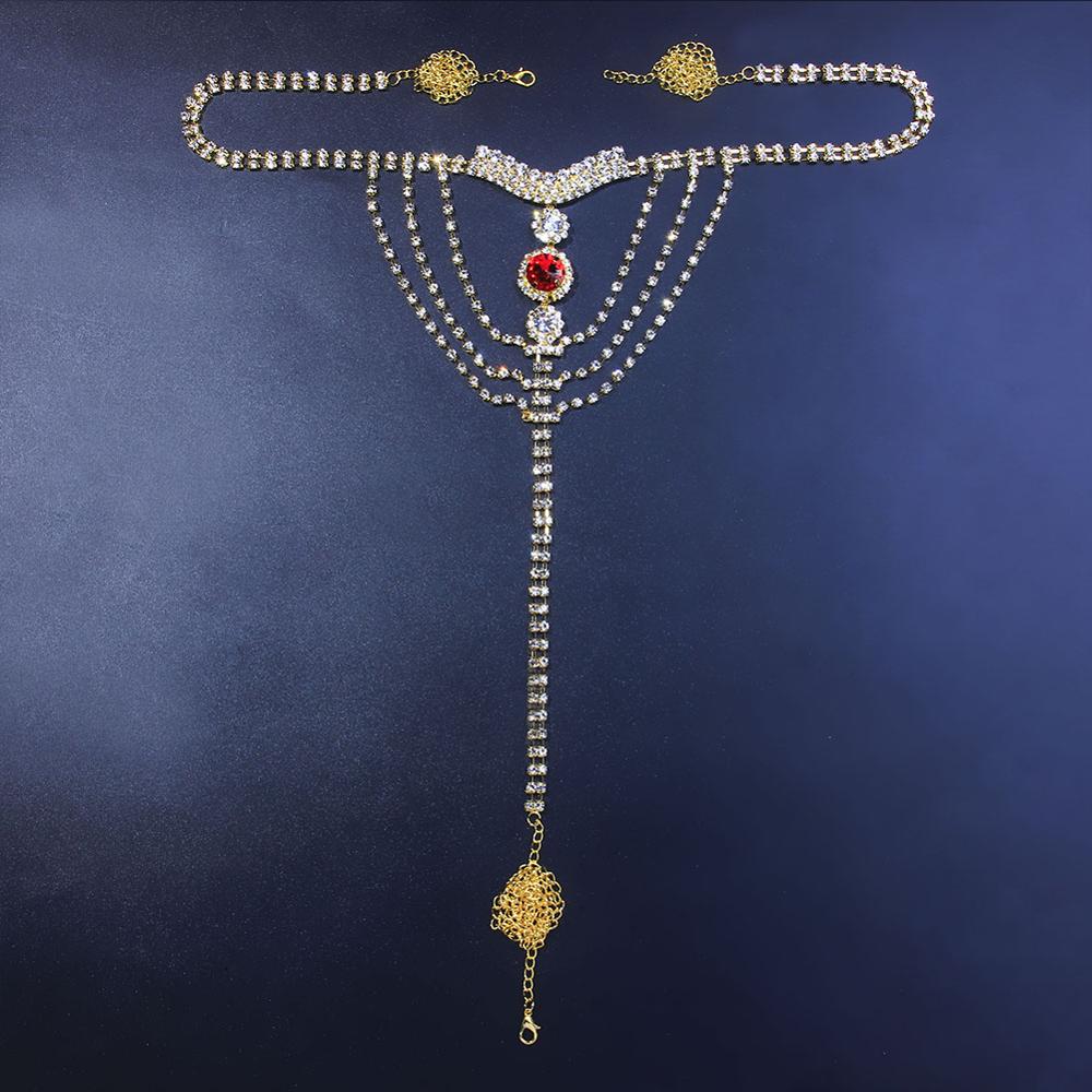 Sexy Body Chain Lingerie Red Crystal Thong Panties Jewelry for Women Shiny Rhinestone Belly Waist Chain Body Jewelry Chain Gift 2e691