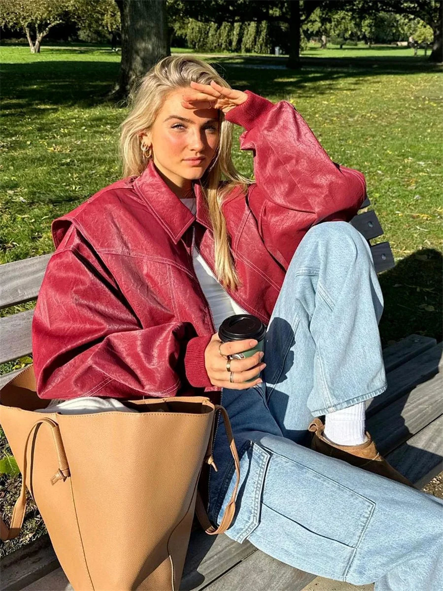 Womens Retro Solid Red Leather Splicing Zipper Jacket Casual Fashion Collar Long Sleeve Cool Jacket Womens Autumn Jacket 241111