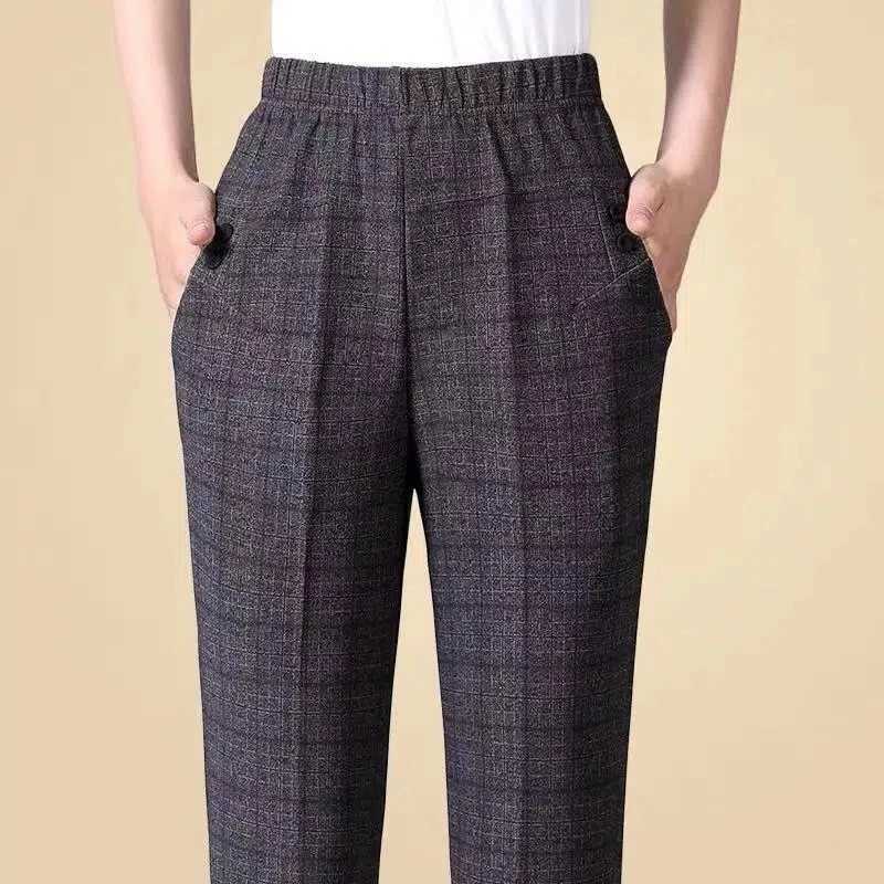 Autumn winter warm middle-aged and elderly plain elastic waist casual straight pants womens Trouser womens striped black pants 5XL 6XL 7XL8XL M241111