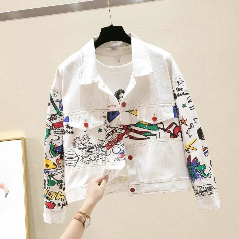 Cartoon graffiti printed denim jacket for womens spring and autumn fashion white denim jacket for womens sweet top 241112