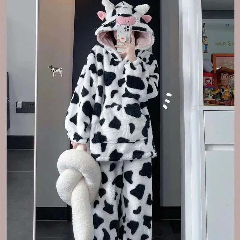 Cute denim hooded pajama set for women in autumn and winter Kawaii pajamas thickened coral velvet home wear casual wear 241112