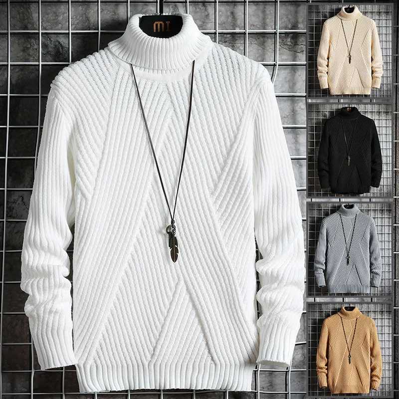New winter mens casual turtle neck zipper mens long sleeved striped sweater Korean fashion warm knit sweater W2411111