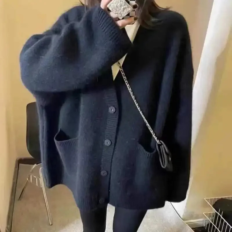 2023 Autumn Winter Women Cardigan Sweater Blue Knitted Tops Buttoned Up Elegant Vneck 241111