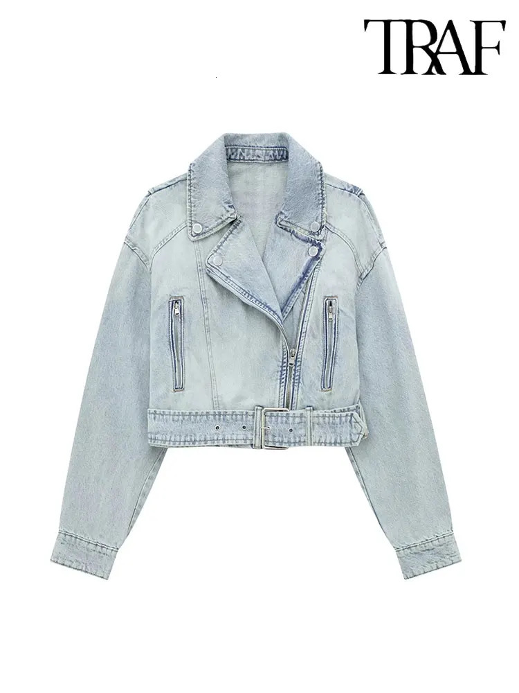 TRAF Womens Fashion Denim Bicycle Jacket Womens Retro Collar Long Sleeve Zipper with Womens Fashion Coat 241112