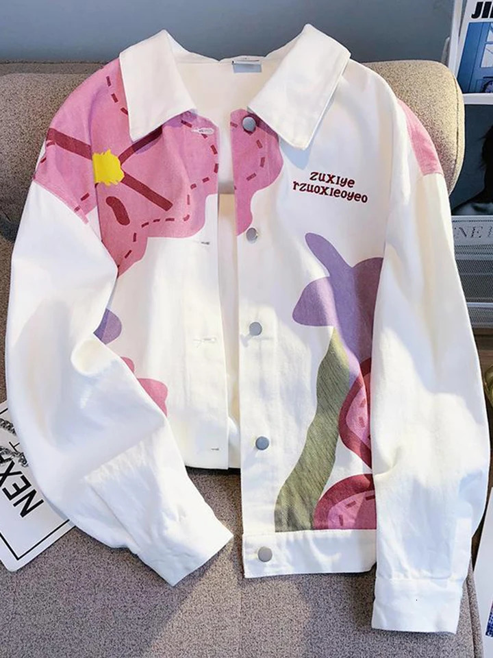 Jmprs Harajuku Womens Denim Jacket Loose Bf Printed Flower Jeans Coat Spring White Y2K Womens Coat 241112