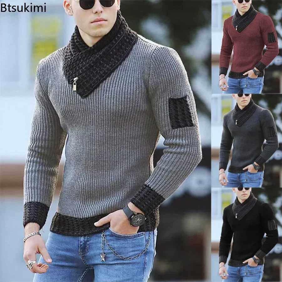 New autumn and winter mens casual retro knitted sweater with wool turtle neck oversized 2024 mens warm cotton pullover sweater W2411111