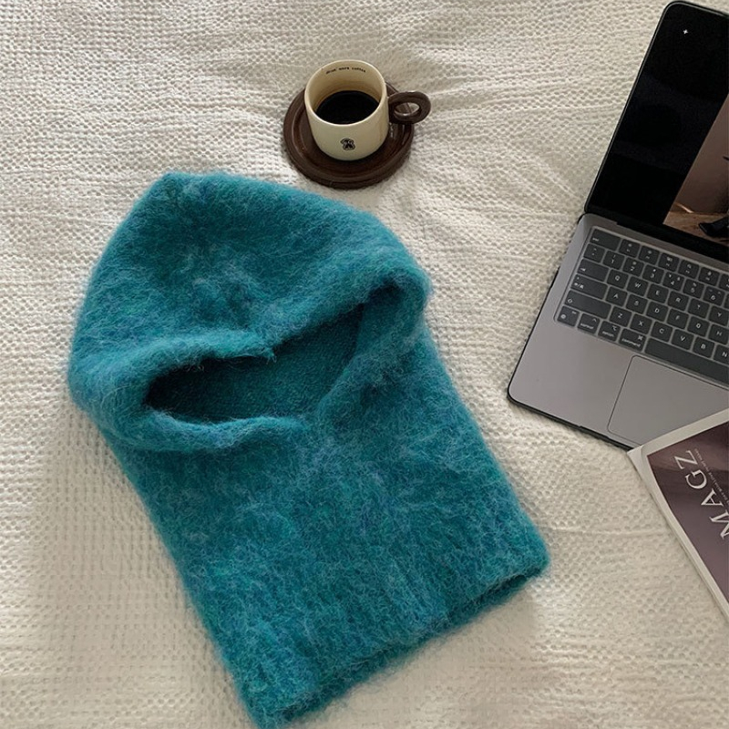 Simple Wool Blended Mohair Balaclava Hat Premium Gray Loose Plush Pullover Scarf Integrated Warm Beanie Hats for Women Bonnet
