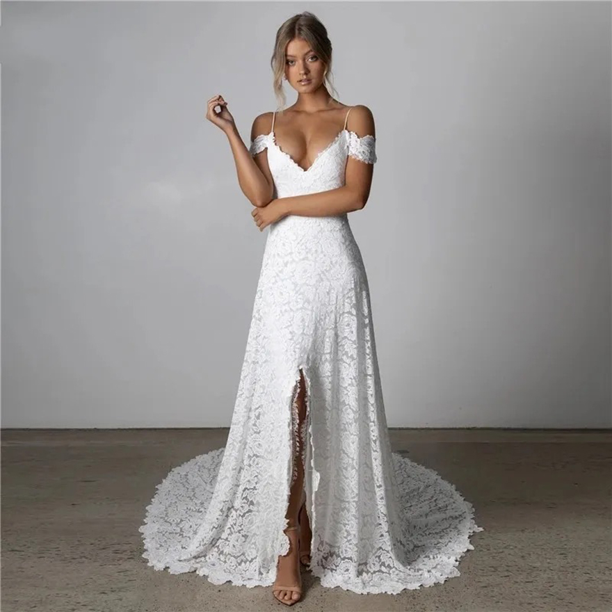 Boho Wedding Dress for Women 2024 Bride Slit Off the Shoulder Backless Lace Summer Beach Bridal Gowns Vestidos De Noiva Robes de Mariee
