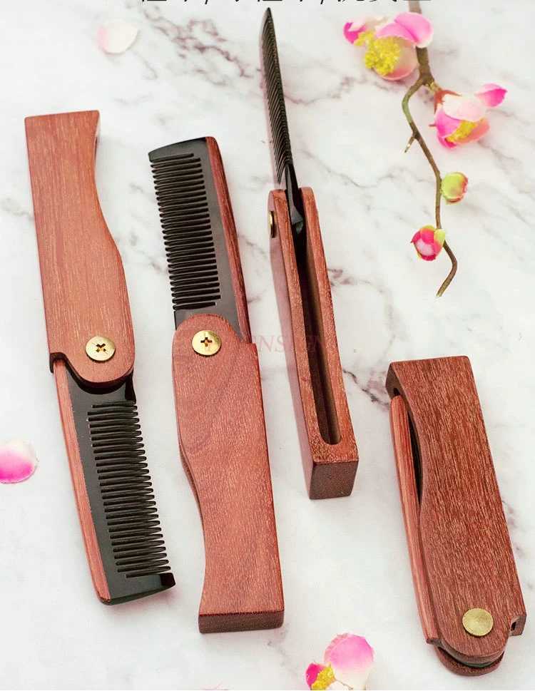 Natural Oxhorn Splicing Green Sandalwood Comb Wood Beard Comb Folding Comb W241112