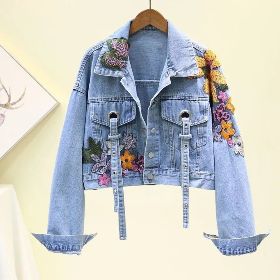 Fashionable womens floral embroidery short denim jacket womens streetwear hip-hop trend casual loose jeans jacket outerwear 241112