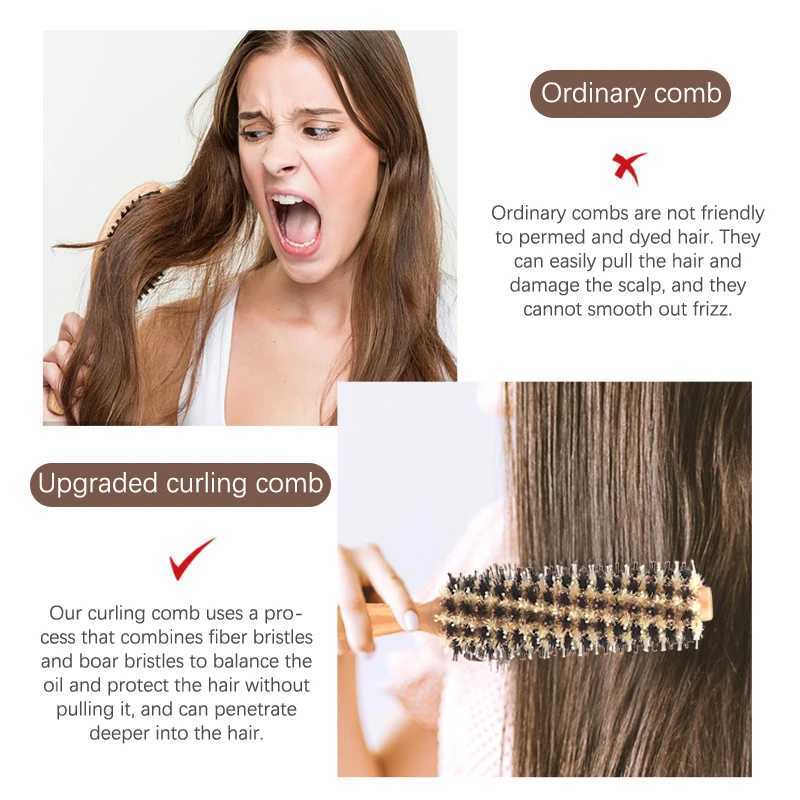 Type 4 Wooden Handle Round Curling Brush Straight Twill Hair Combing Brush Round Barrel Curling Brush Curling Tool W241112