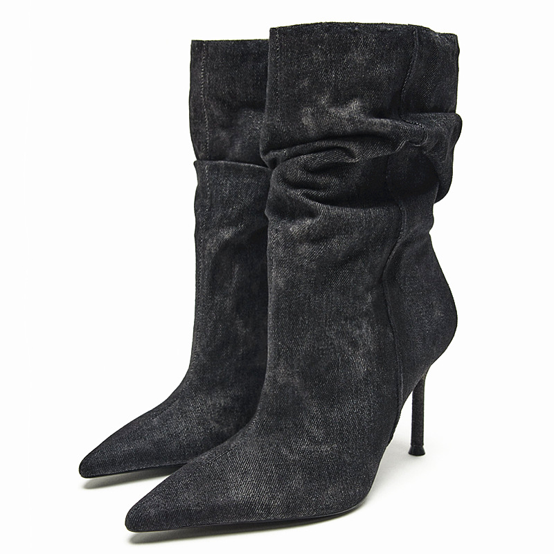 Stylish Women New Autumn Winter Pointed Toe Cowboy Knee High Chelsea Boots Denim Gladiator Motorcycle Stilettos Shoes Mujer Zapatillas