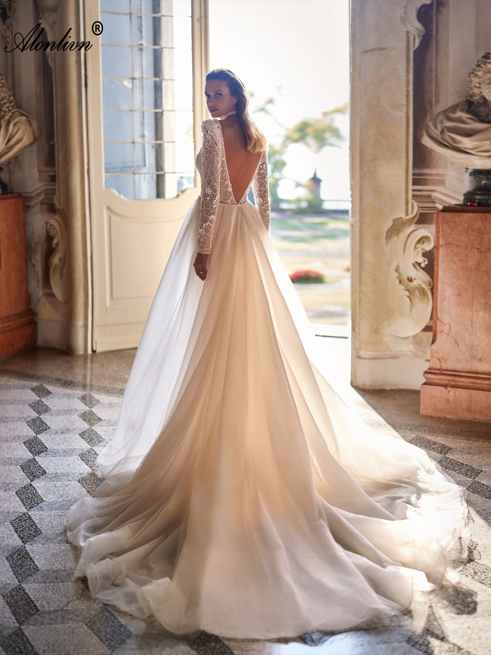 Sparkly Lace Sheer v-Neck 2 In 1 Mermaid Wedding Dress Stunning Beading Sequined Lace With Removable Silky Tulle Train Full Sleeves Backless Trumpet B