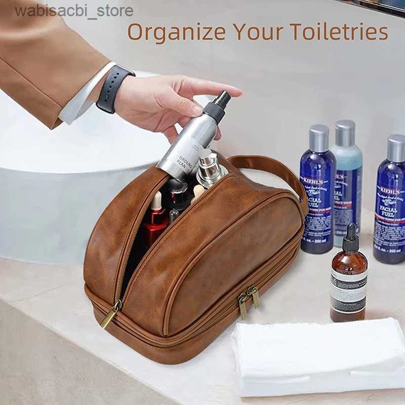 Cosmetic Bags Large Capacity Women Travel Cosmetic Makeup Bag Portable Men Leather Toiletry Shaving Storage Bathroom Wash Bag Multifunctional L49