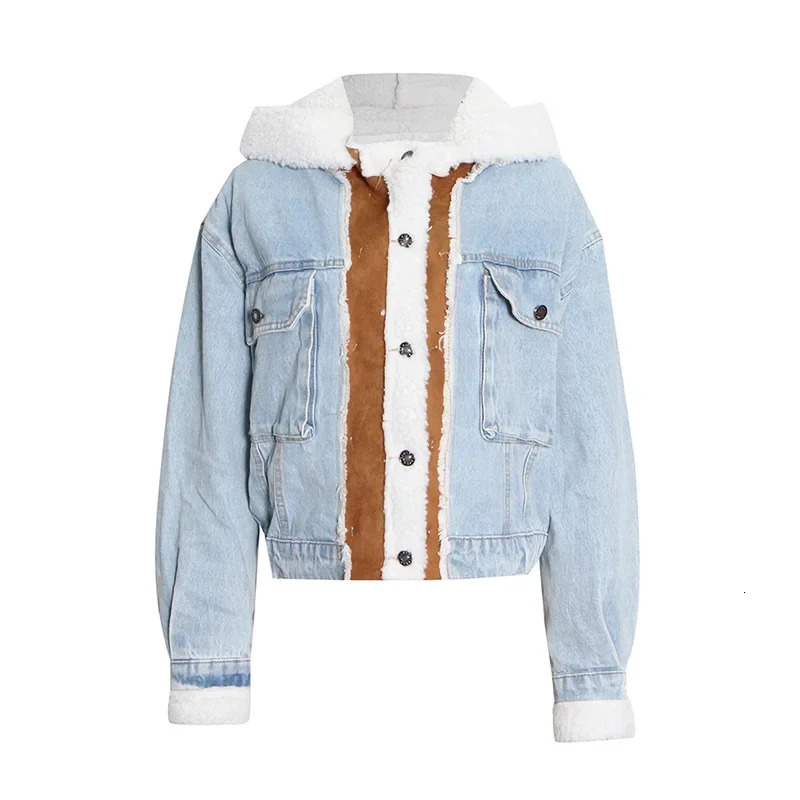 Blue denim cashmere splicing personalized single chest short jacket European and American trend 241112