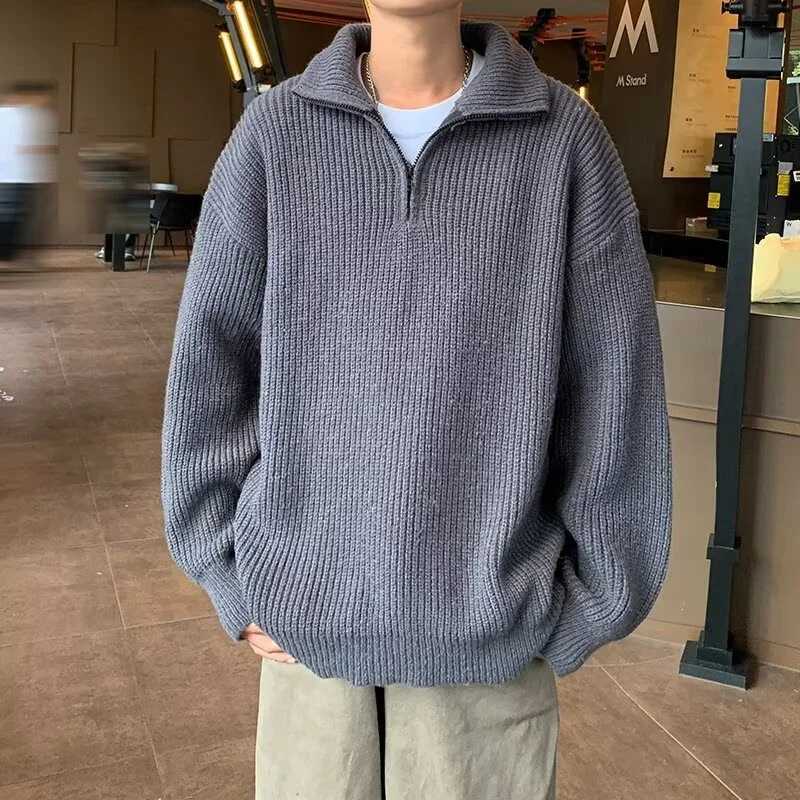 Autumn Turtleneck Half Zipper Sweater Mens New Y2K Retro Street Pulling Korean Fashion Solid Color Knitted Jersey Hombre W2411111