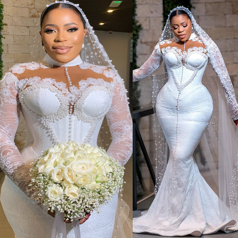 2024 African Wedding Dress Bridal Gowns Plus Size Mermaid Wedding Gowns High Neck Long Sleeves Beaded Pearls Lace Gowns For Nigeria Black Women Marria