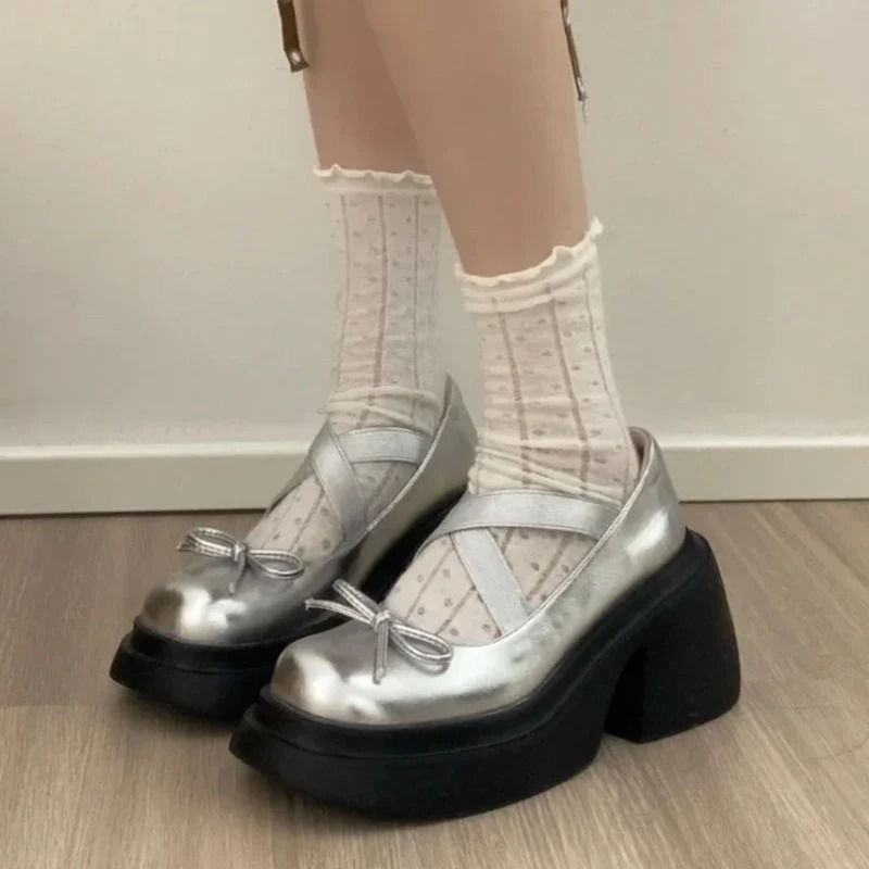 Bow Women Platform Marie Jane Shoes Mid Heels Fashion Sandals 2024 Summer Thick Pumps Casual Chunky Women Lolita Shoes 241112