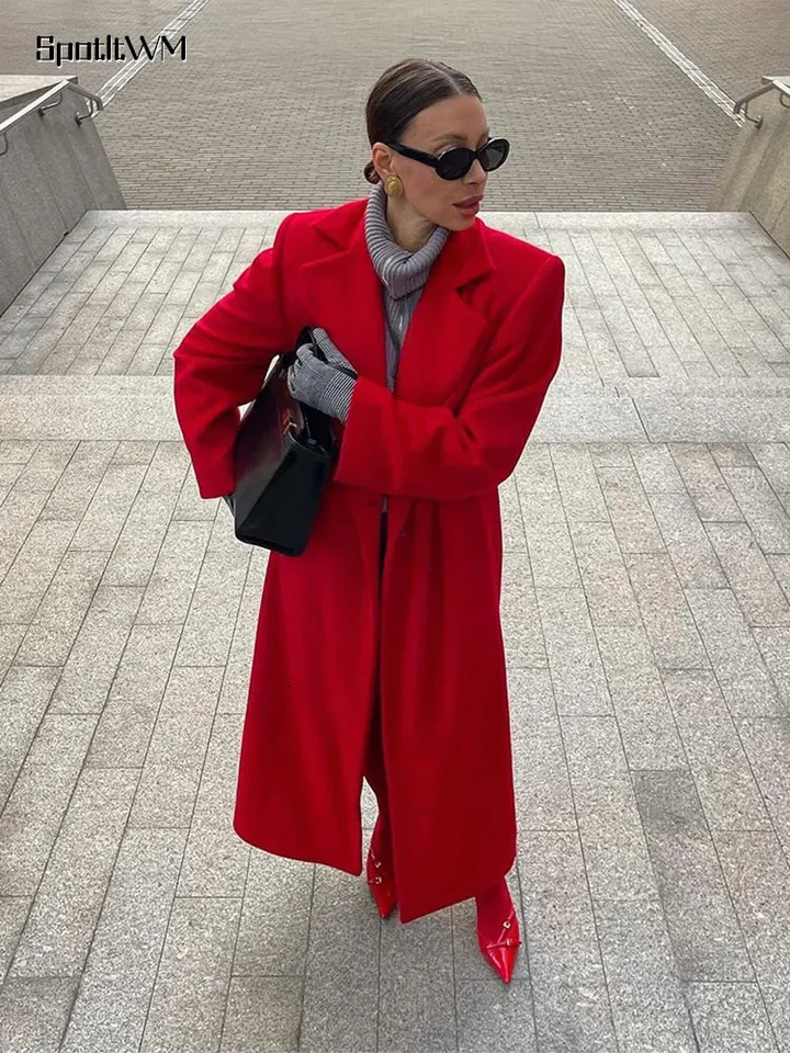 Red collar wool long coat womens fashionable long sleeved button up collar casual office jacket autumn womens high street jacket 241112