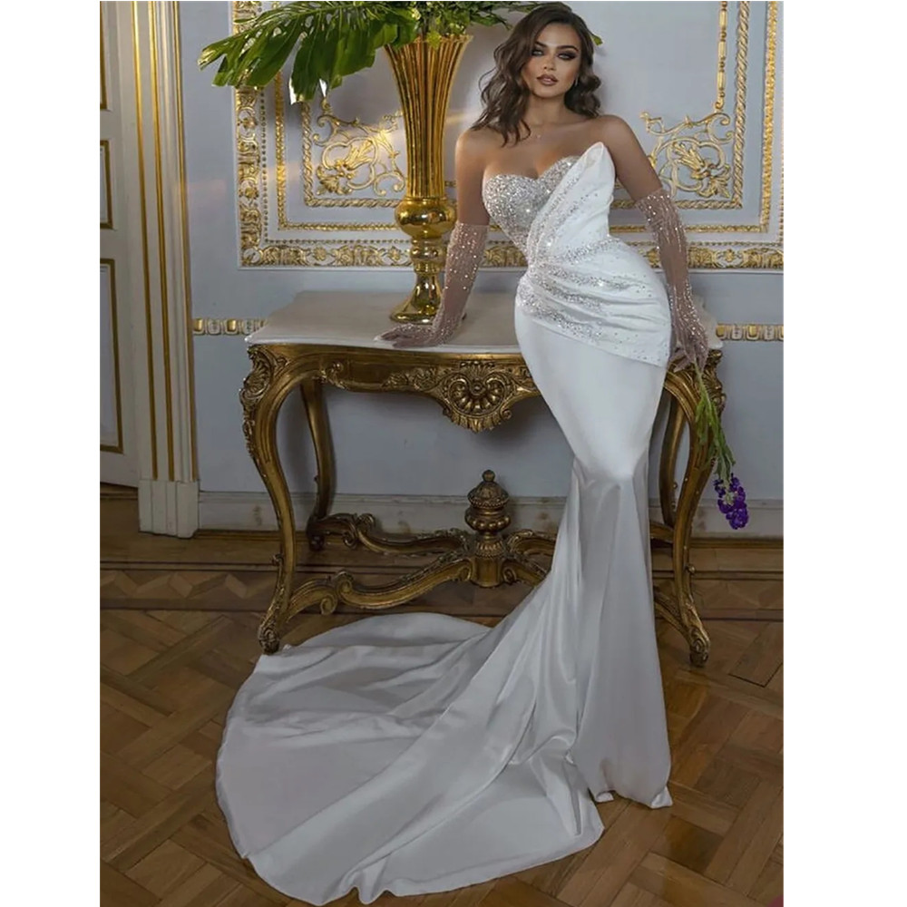 Luxury Satin Mermaid Wedding Dress With Detachable Train Arabic Charming Brides Gown Sleeveless Crystal Beading Chapel Train Formal Bridal Gowns Plus 