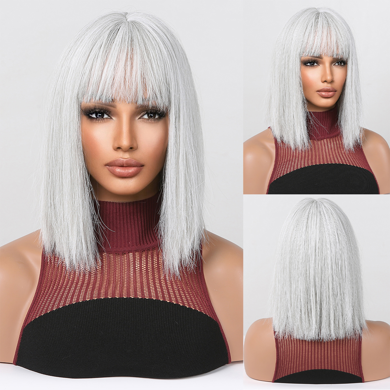 Sier Blonde Synthetic Wigs with Bangs Short Bob Silky Straight Hair Cosplay Lolita Wig High Temperature Fiber for White Women 1a254