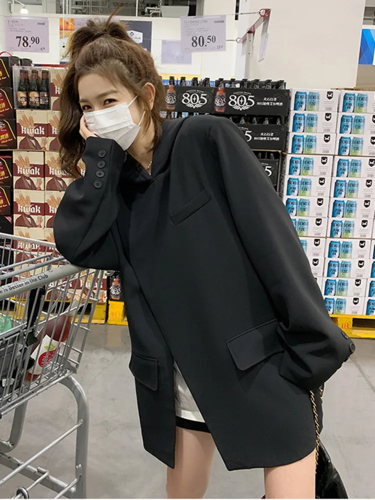 Women Black Hooded Suit Pullover Blazer Irregular Split n Spring Autumn Korean Top Loose Femme Streetwear 241112