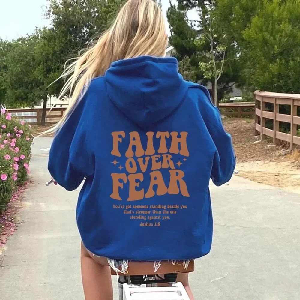 FAITH OVER FEAR Plush hoodie sweatshirt men and women autumn winter couple tops loose 241112