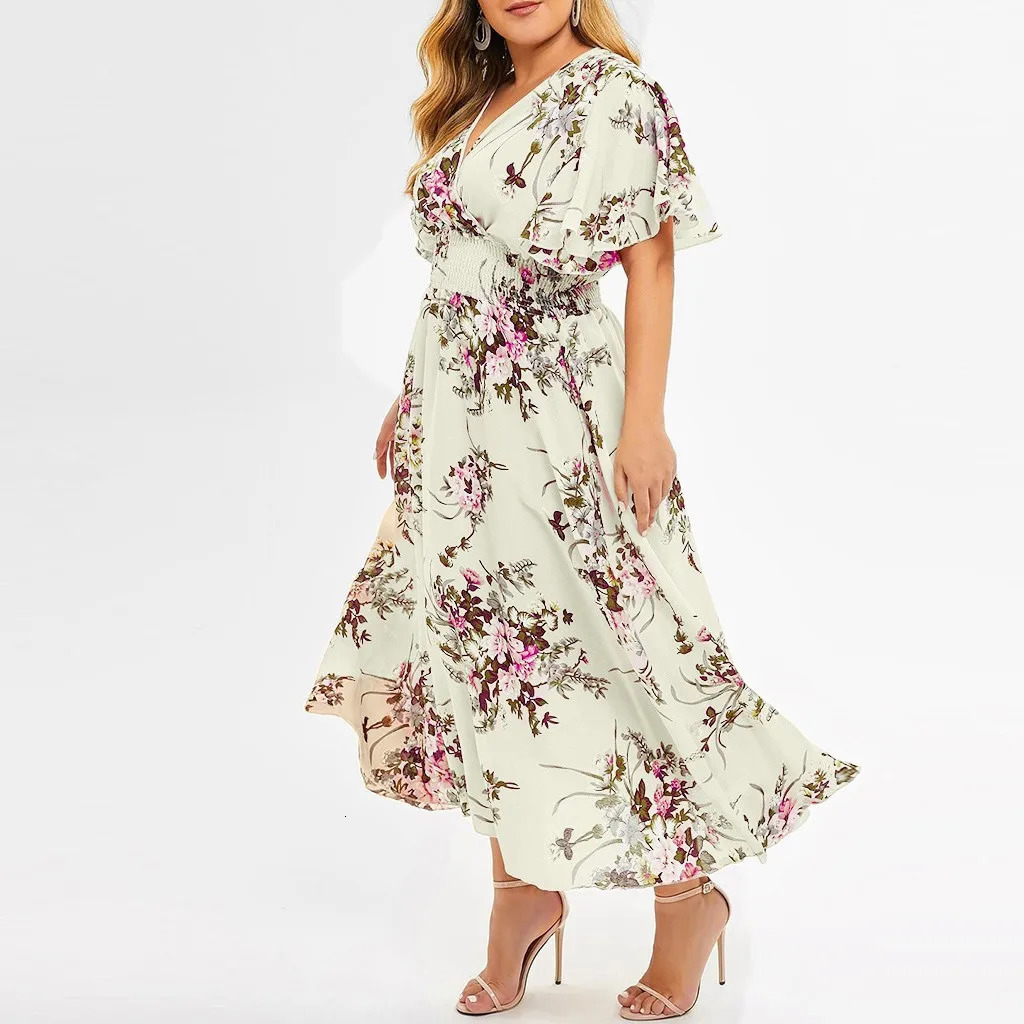 Plus Size 3XL 4XL 5XL Women Dress Floral Chiffon Flower Loose Bohemian Beach Summer Dresses Urban Gypsy Ropa Vestidos 240329