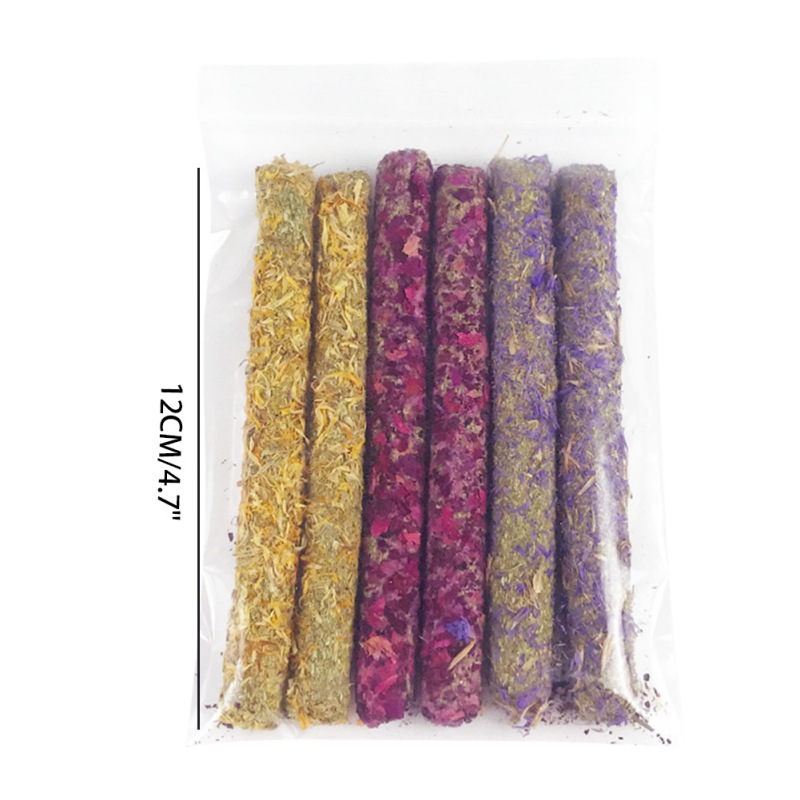 6Pcs Pets Hamster Rabbit Teeth Grinding Chew Toys Rose, Calendula, Lavender Stick Molar Natural Grass Clean Molar Snacks