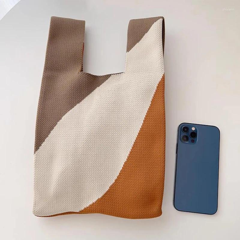 Totes Black White Knit Handbag Handmade Reusable Shopping Bags Women Girls Casual Knot Wrist Outdoor Storage zhanyishengli