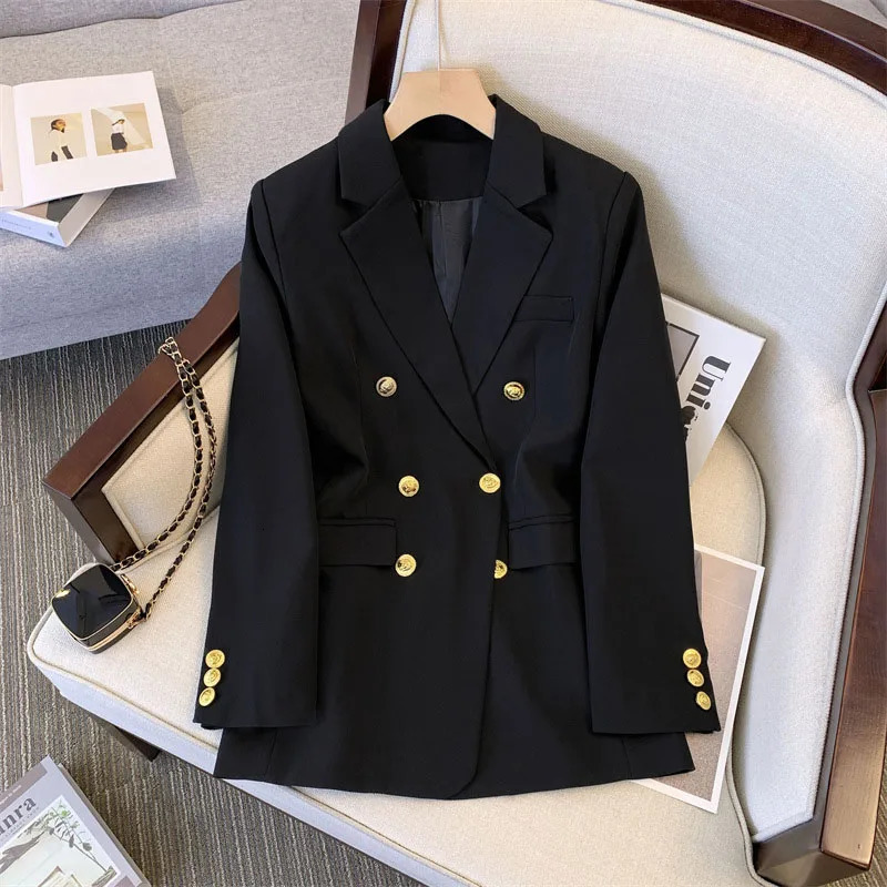 Retro Double Chest Sports Jacket Womens Elegant Temperature Metal Button Sports Jacket Womens Long Sleeve Black Jacket 241111
