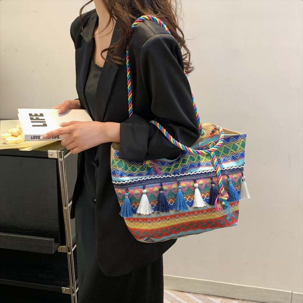 Stripe Ethnic Style Shoulder Bag Tassel Large Capacity Canvas Colorful Handbag Travel Storage Bag Korean Style