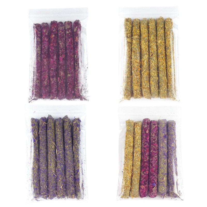 6Pcs Pets Hamster Rabbit Teeth Grinding Chew Toys Rose, Calendula, Lavender Stick Molar Natural Grass Clean Molar Snacks