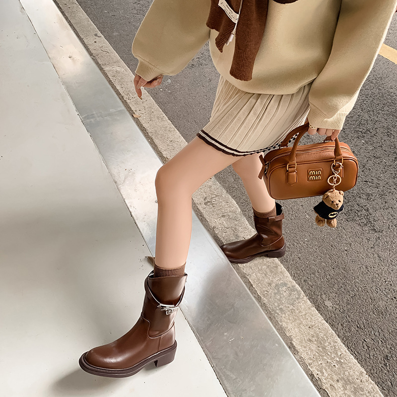 Women's Boots: Stylish 2024 Short Chunky Heel Casual Versatile Boots, Black or Brown, Free Shipping 4fc1