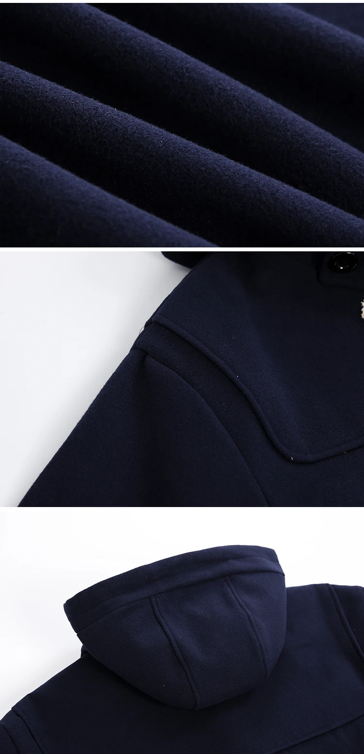 Horn button mens college style hooded wool coat thick loose fit British cashmere wool thick medium long jacket Y61 241112