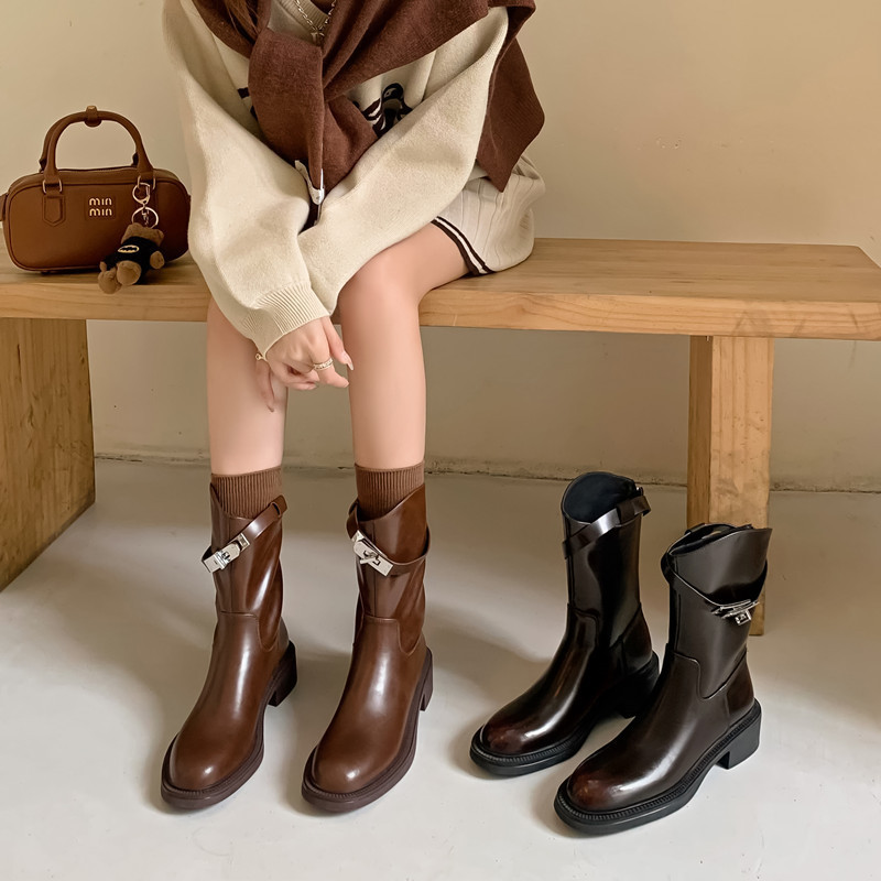 Women's Boots: Stylish 2024 Short Chunky Heel Casual Versatile Boots, Black or Brown, Free Shipping 4fc1