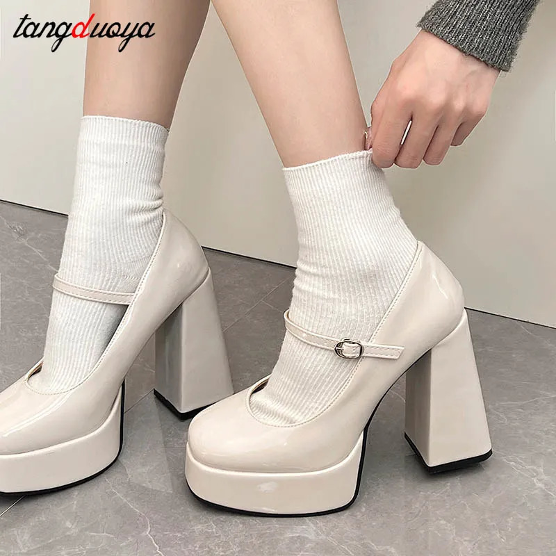 Retro High Heels Mary Jane Shoes Womens Patent Leather Platform Pump Womens Elegant Solid Office Boots Thick High Heels 241111 - view 4