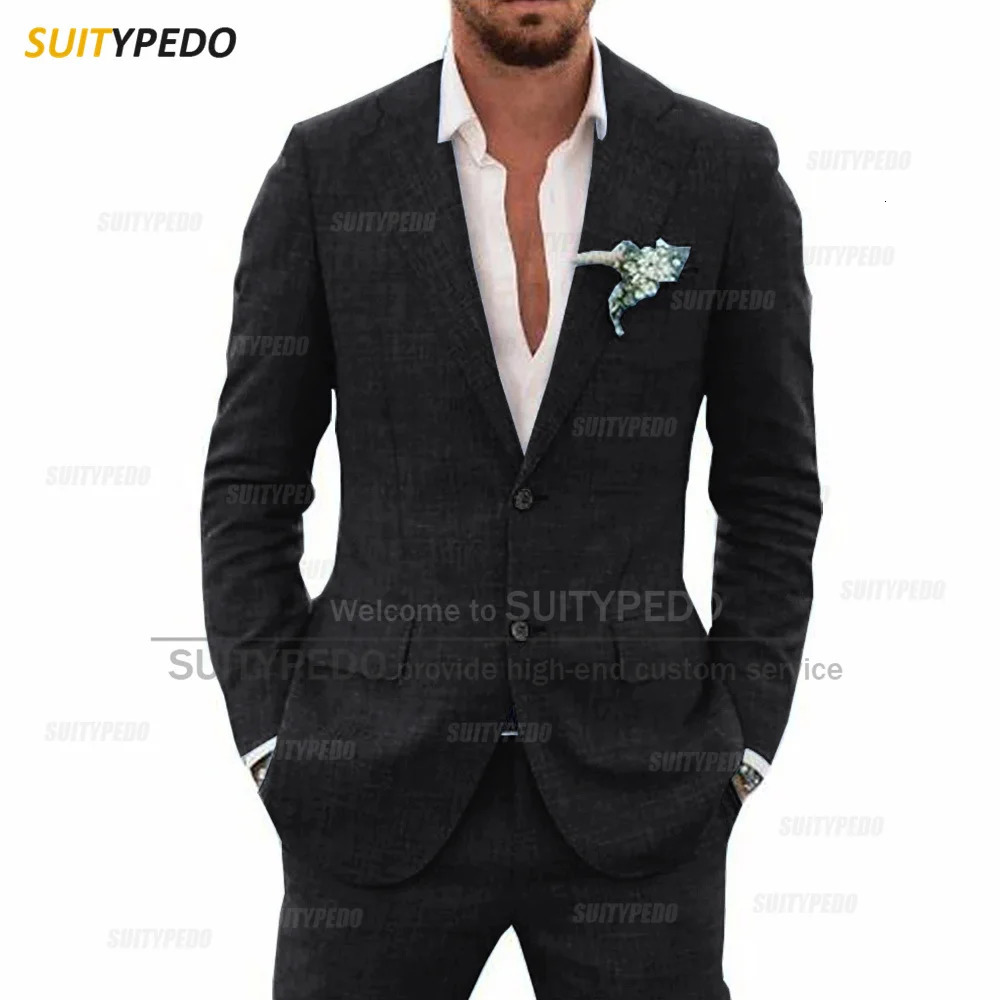 Casual Linen Suit Set For Men Wedding Party Tailormade Fashion Notch Lapel Outfits Holiday Slim Fit Male Blazer Pants 2 Pieces 240412