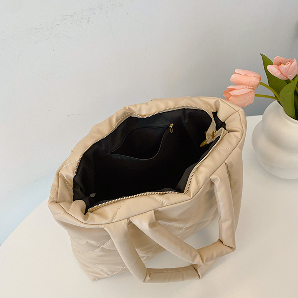Women Puffy Tote Handbag PU Leather Padded Top Handle Bag Solid Color Large Capacity Ladies Daily Commute Bag