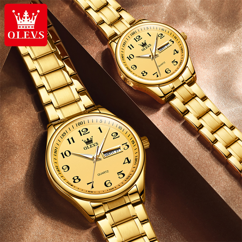 OLEVS 5567 Golden Quartz Couple Watches Paired Men and Women Brand Digits Dial Calendar Waterproof Lover's Watches Clock 9f5e0