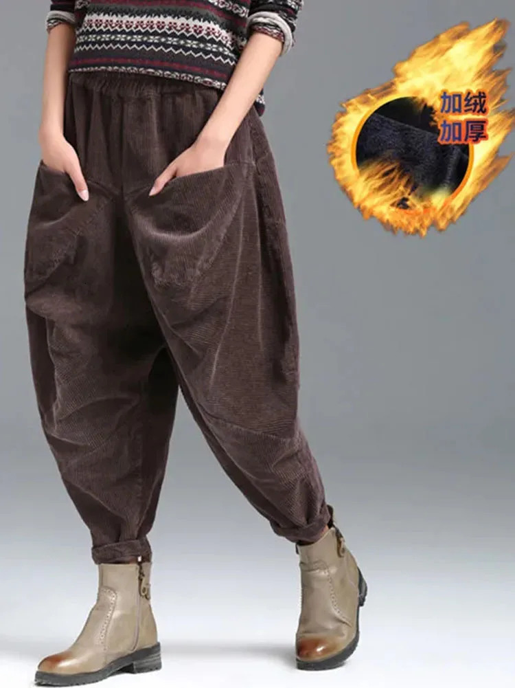 Baggy Winter Harem Pants Womens Warm Plus Velvet Floral Pants Casual High Waist Thick Ankle Length Jogger Retro 241112