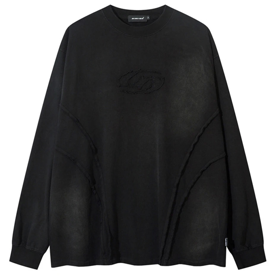 Hip hop oversized long sleeved T-shirt with dirty tie dye splicing Harajuku streetwear mens loose casual T-shirt Y2K 241112