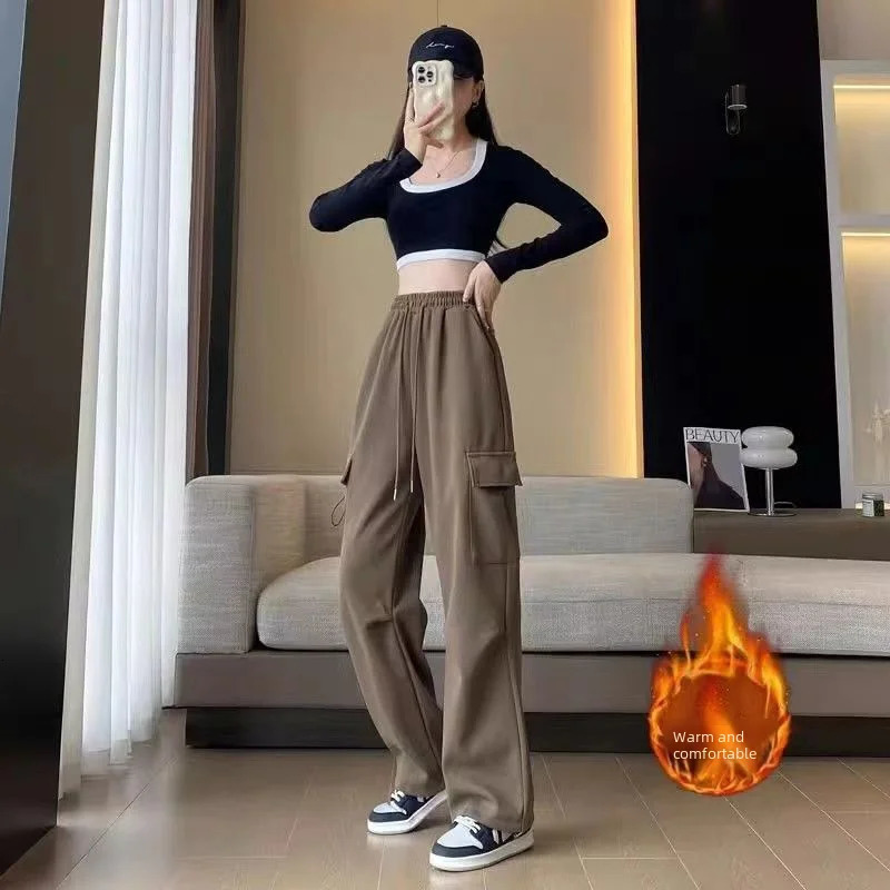 High waisted wool lined thick cargo pants suitable for women to lose weight casual straight leg autumn/winter style 241112