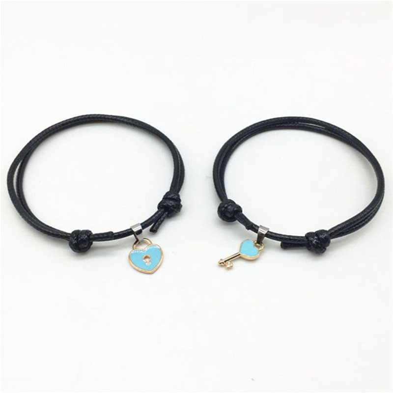 pcs set Couple Trendy Bracelet For Friend Lock Key Design Black Color Rope Jewelry 5