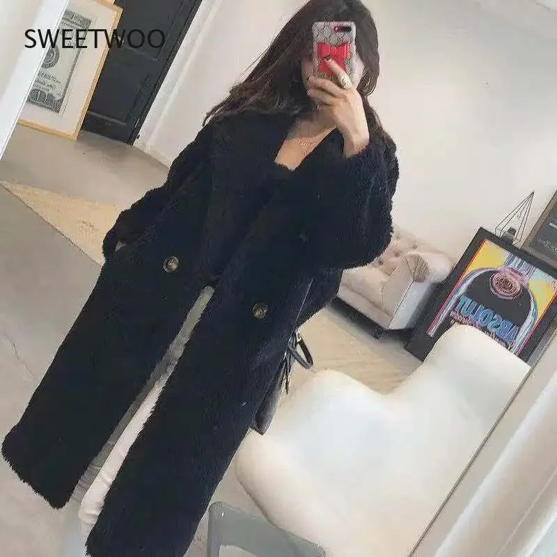 Womens winter faux fur warm long coat womens thick teddy bear coat casual loose oversized coat purple yellow 241112