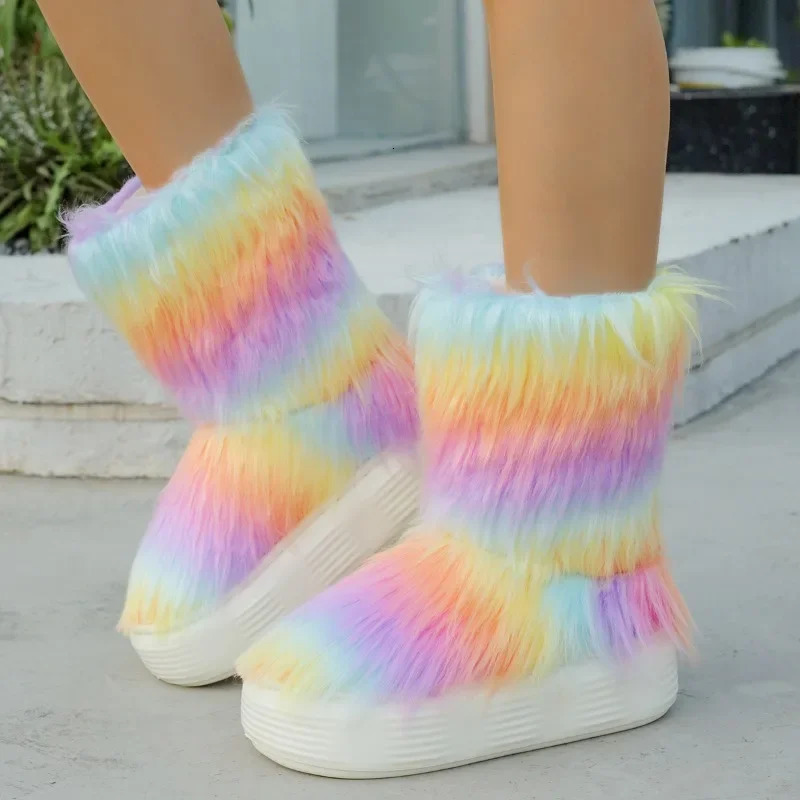 Rainbow Fur Ankle Women Snow Boots Platform Shoes Winter 2025 Warm Flats Chelsea Boots Short Plush Fashion Women Shoes 241112